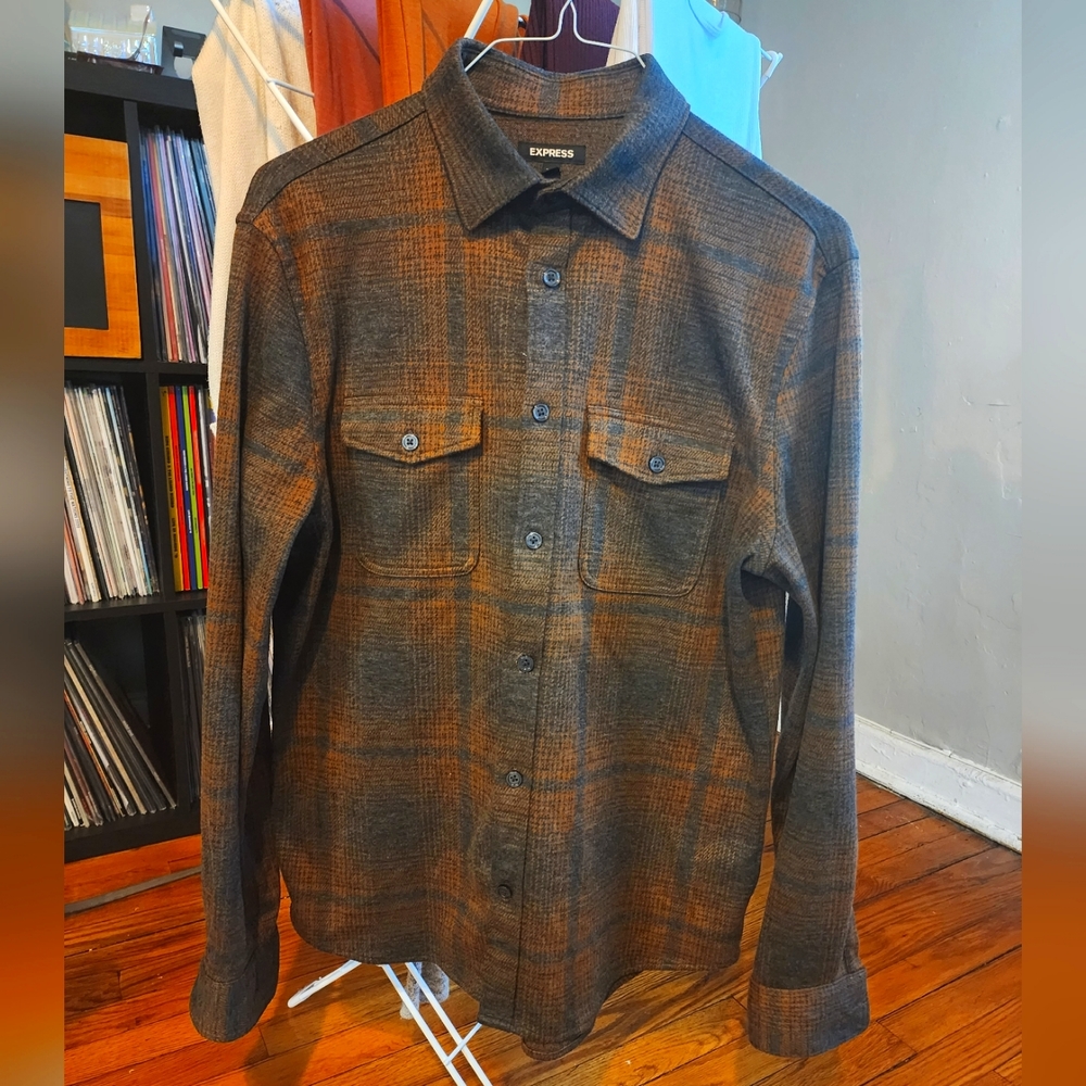 Express Men's Grey/Orange Flannel Shirt Medium